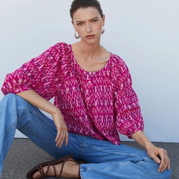 Mango Tops - Mango pink printed blouse with puff sleeves